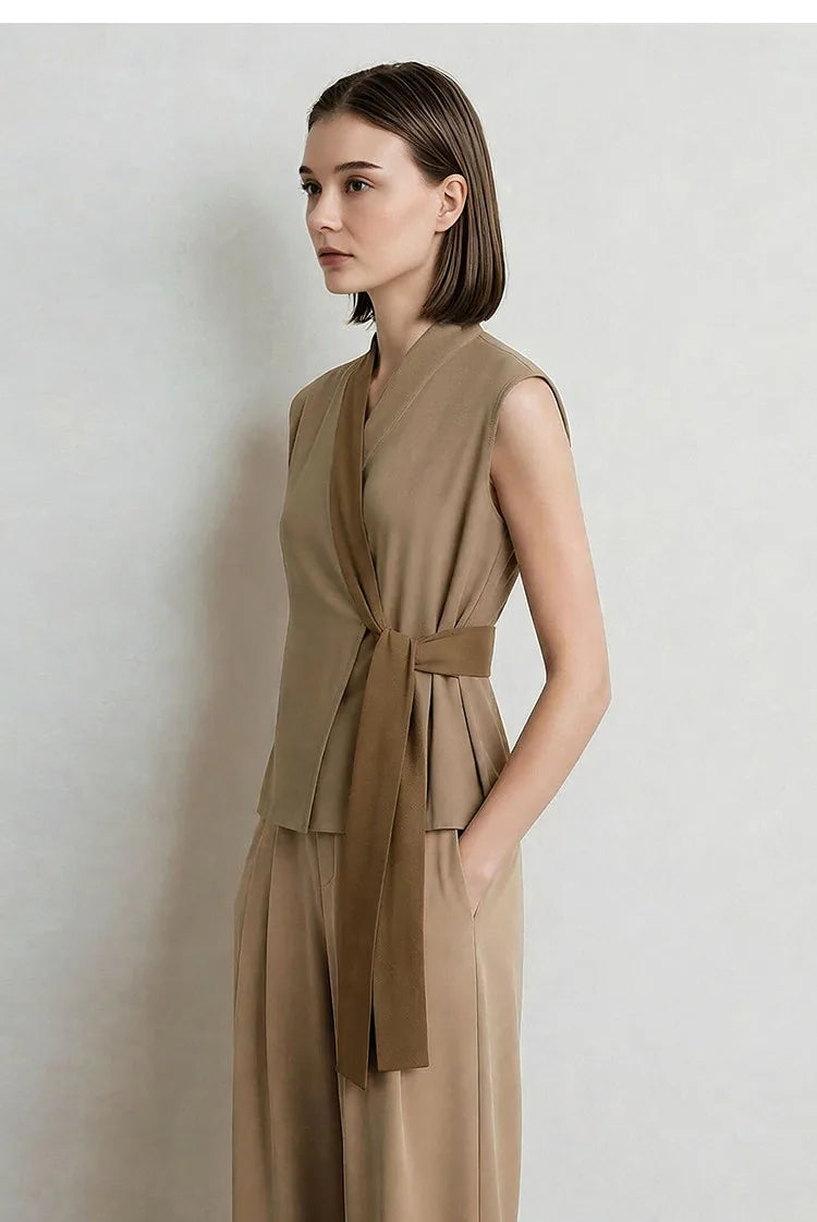 Elegant Women's Blouse 2026 Summer New V-Neck Sleeveless Chiffon Top Satin Spliced Office Flowy Shirt For Women 12642213