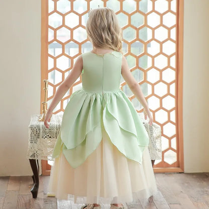 Girls Cosplay Tiana Yellow Short-Sleeved Fluffy Princess Dress For Girl Birthday Party Princess Dress With Accessories