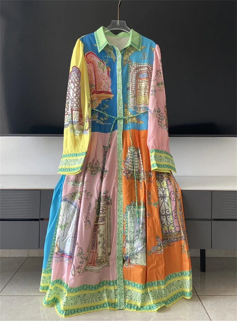 French Court Style Long Sleeve Dress Luxury Vintage Lapel Midi Dress Women Elegant Button-up Belted Party Dress Vestidos