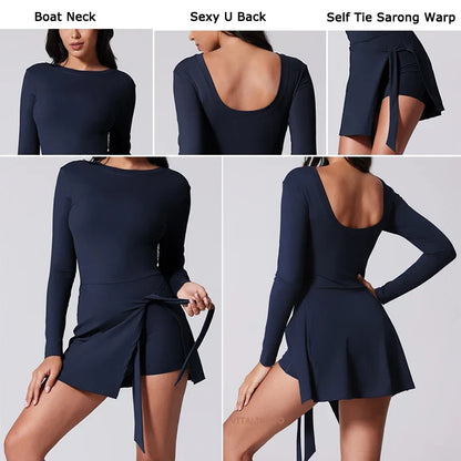 Womens High Neck Tennis Dress Long Sleeve Sarong Wrap Skirt Built in Shorts Golf Athletic Dress Workout Rompers
