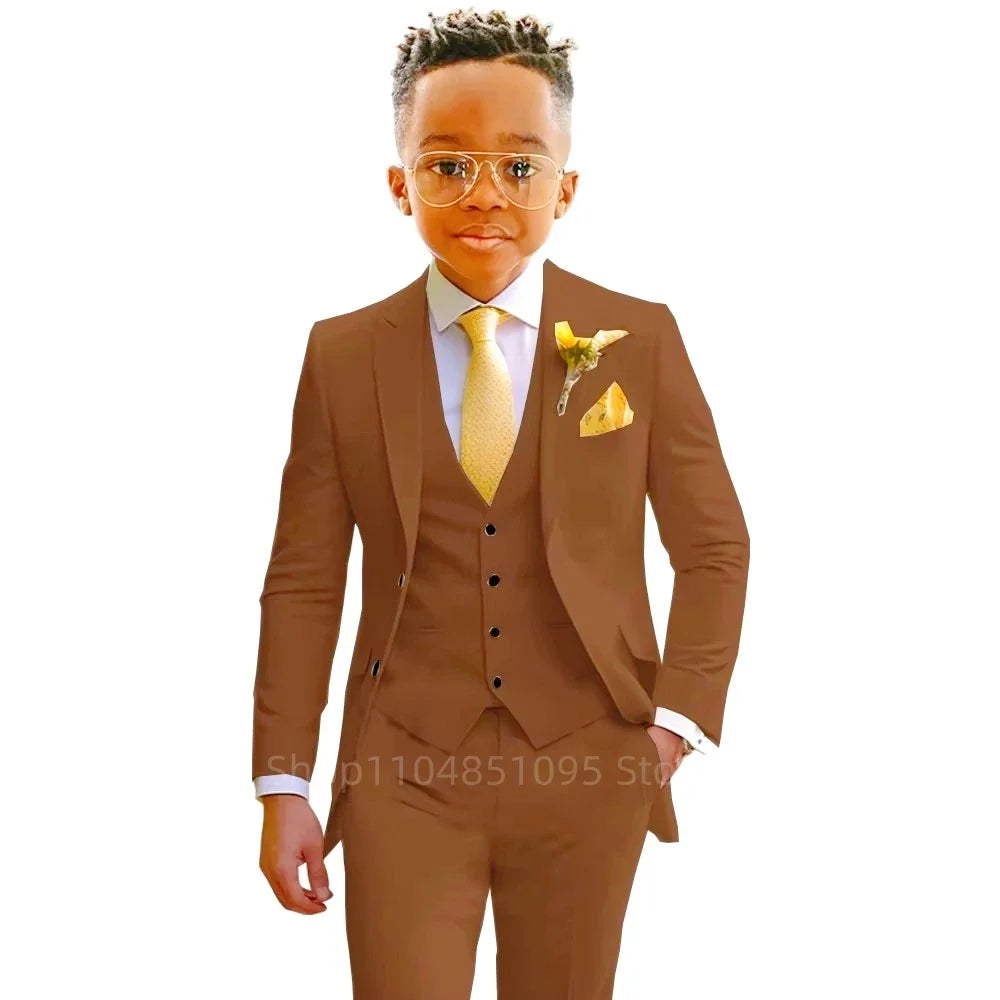 Stylish Boys Suit Wedding Tuxedo Solid Peak Lapel Jacket Vest Pants Party Prom 3 Piece Set Kids Formal Outfit 2-18 Years Old