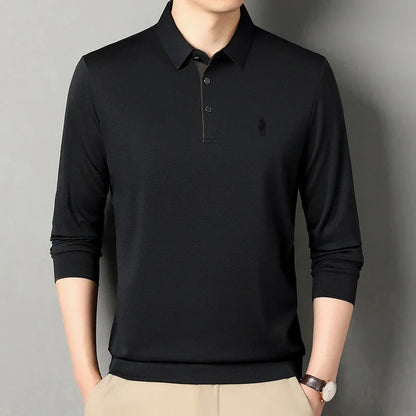 2025 Latest Autumn New Men's Long Sleeve Polo Shirt Middle Aged Business Comfortable Solid Color Men's Collar T-shirt