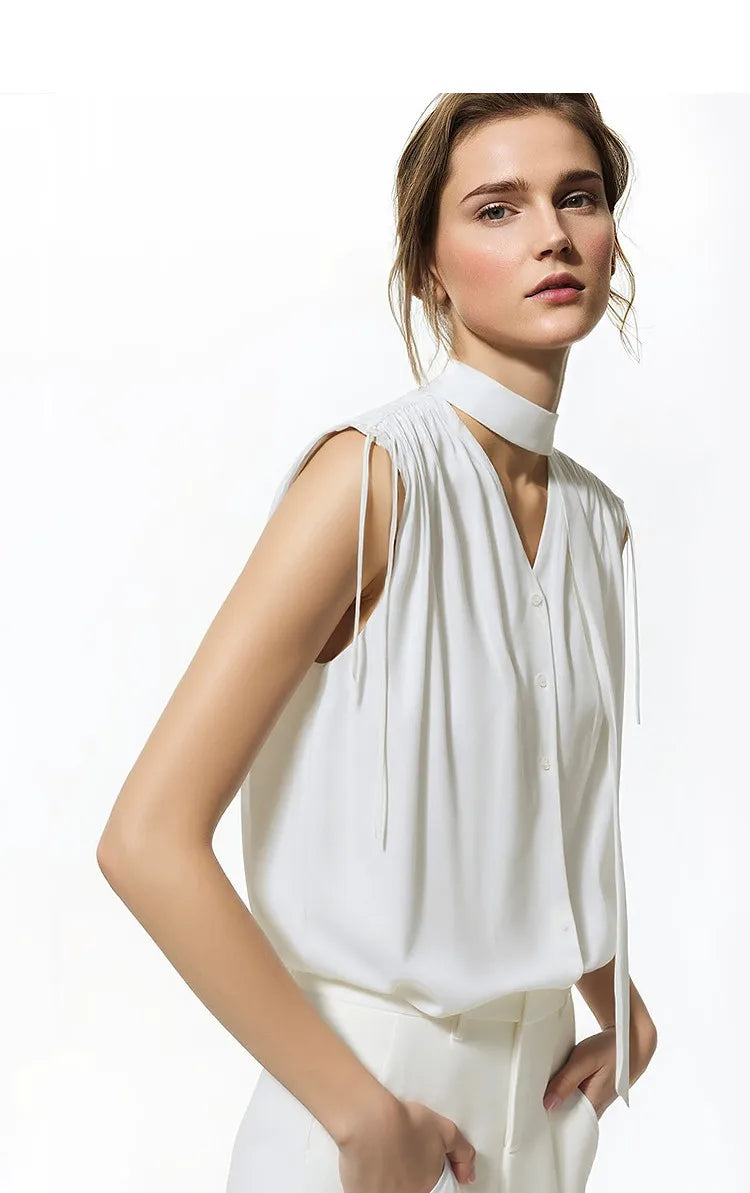 Sleeveless Women's Blouse 2026 Summer New Tie Neck Chiffon Top Flowy Loose Elegant Chic Office Shirt For Women 12642121