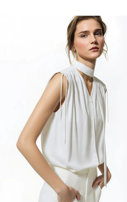 Sleeveless Women's Blouse 2026 Summer New Tie Neck Chiffon Top Flowy Loose Elegant Chic Office Shirt For Women 12642121