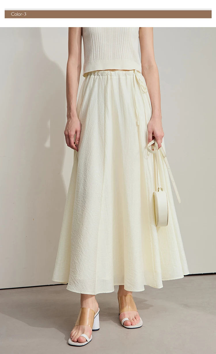 Minimalist New Summer Knee Length A-line Skirt Women Adjustable Drawstring Solid Color Commuting Style Loose Skirt 12522025