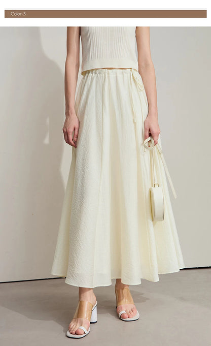 Minimalist New Summer Knee Length A-line Skirt Women Adjustable Drawstring Solid Color Commuting Style Loose Skirt 12522025