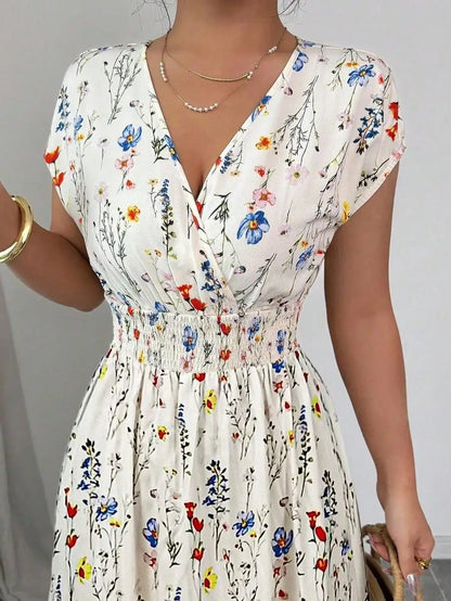 Women's Ditsy Floral V-Neck Sleeveless Waisted Maxi Dress