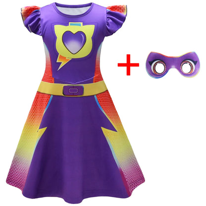 Children's SuperKitties Dresses Super Kitties Cosplay Costume Girls Flying Sleeves A-Line Dress Bag Mask Carnival Birthday Gift