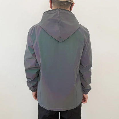 Men's Night Reflective Windproof Hooded Jacket Hip-hop Streetwear Couple Trend Coat for Outdoor Cycling Jogging Safety Clothing