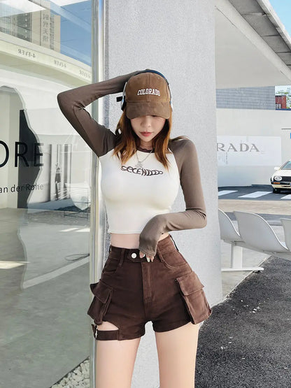 High Waisted Cargo Shorts Khaki Chic Pockets Jeans Shorts Sexy Girl Summer Clothes for Women Denim Shorts Harajuku