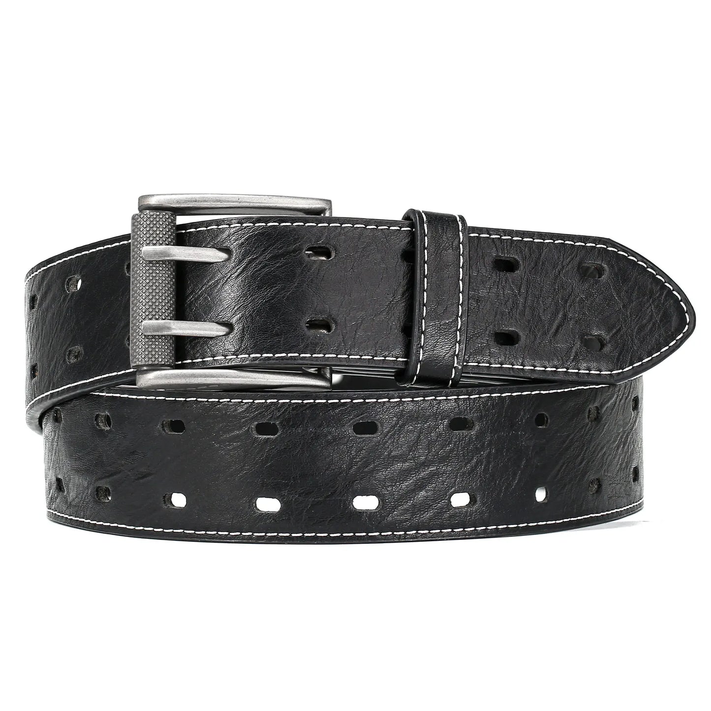Men Classic Double Prong Belt Fashion Casual Heavy Duty Work Faux Leather Belts For Jeans Pants