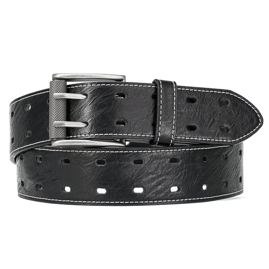 Men Classic Double Prong Belt Fashion Casual Heavy Duty Work Faux Leather Belts For Jeans Pants