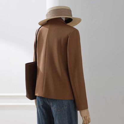 Women Vintage Brown Blazer Jacket Long‑Sleeve Single‑Breasted Lapel Suit Coat Ladies Casual Streetwear Office Slim‑Fit Outerwear