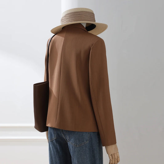 Women Vintage Brown Blazer Jacket Long‑Sleeve Single‑Breasted Lapel Suit Coat Ladies Casual Streetwear Office Slim‑Fit Outerwear