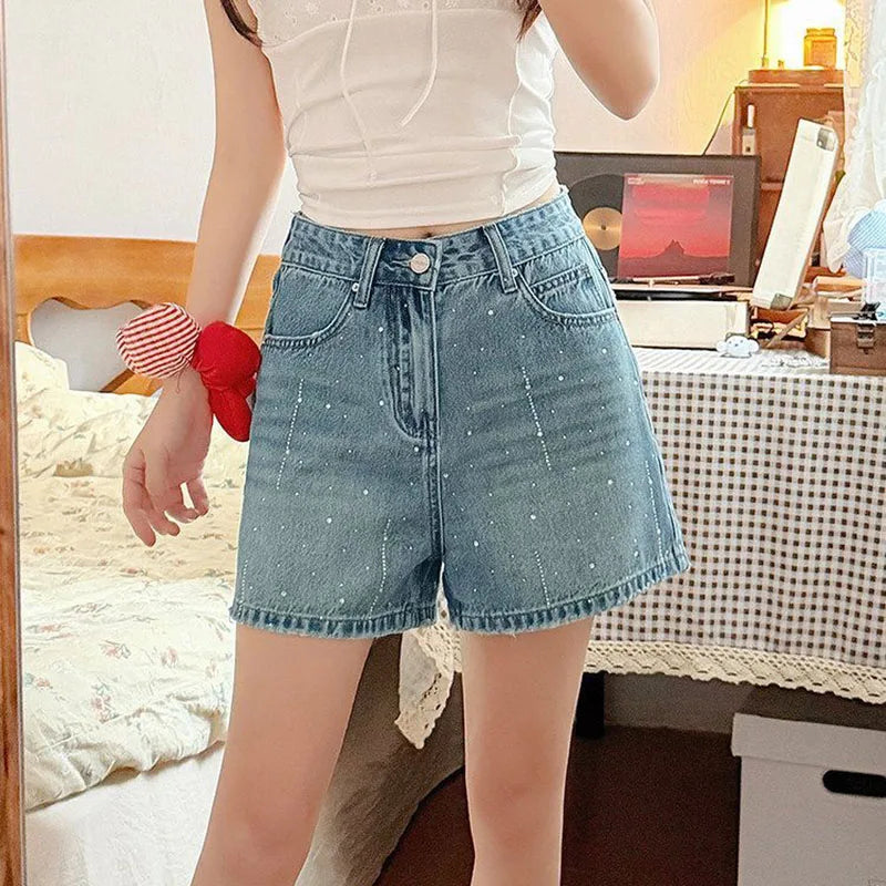 Fashion Rhinestone Denim Shorts for Women Light Blue Summer New Loose Wide Leg Short Pants Korean High Waist Washed Jeans Shorts