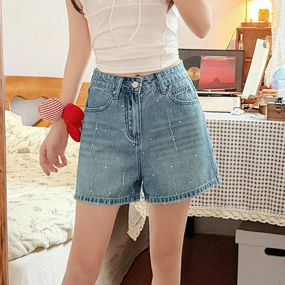 Fashion Rhinestone Denim Shorts for Women Light Blue Summer New Loose Wide Leg Short Pants Korean High Waist Washed Jeans Shorts