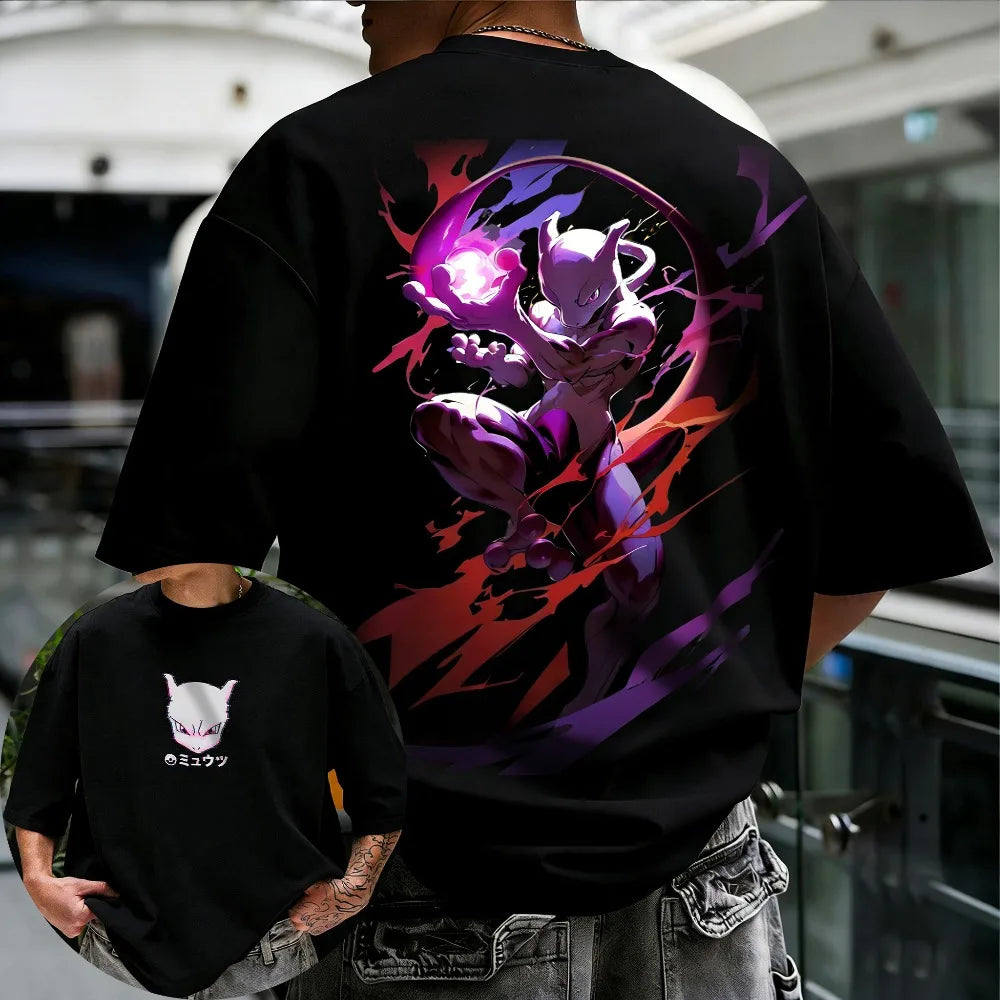 Oversized Cosplay Costumes Pokémon Lucario Unisex 2026 Summer Harajuku Anime Print Y2K Hip-hop Casual Pure Cotton T-shirt