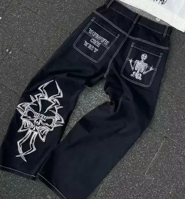Mens Jeans Harajuku Vintage Gothic Punk Dark Grey Cargo Denim Pants Metal Buckles Chains Multi Pocket Adjustable Strap Y2K New
