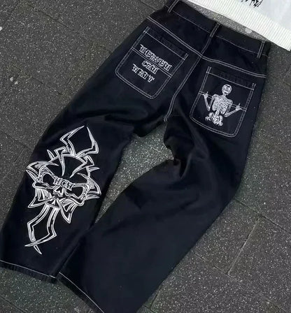 Mens Jeans Harajuku Vintage Gothic Punk Dark Grey Cargo Denim Pants Metal Buckles Chains Multi Pocket Adjustable Strap Y2K New
