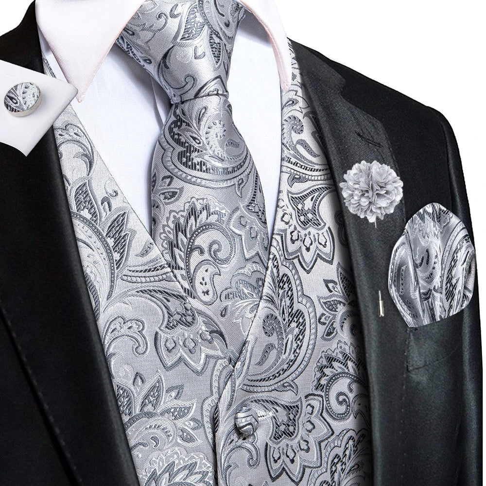 Navy Blue Mens Silk Vests Business Paisley V-Necl Waistcoat Tie Hanky Cufflinks Brooch Set for Men Suit Wedding Formal Hi-Tie