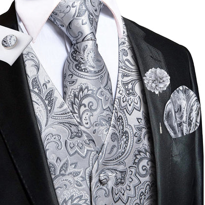 Navy Blue Mens Silk Vests Business Paisley V-Necl Waistcoat Tie Hanky Cufflinks Brooch Set for Men Suit Wedding Formal Hi-Tie