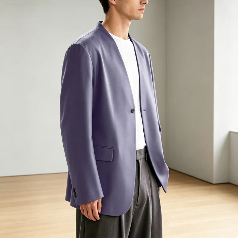 Luxury Men's PU Leather Blazer Collarless Jacket Loose 1 Button Elegant Solid Color Coat for Party Wedding Office Daily Wear