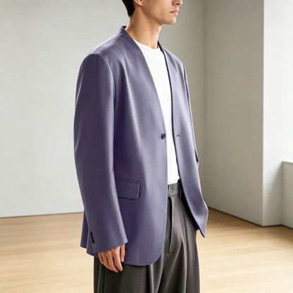 Luxury Men's PU Leather Blazer Collarless Jacket Loose 1 Button Elegant Solid Color Coat for Party Wedding Office Daily Wear