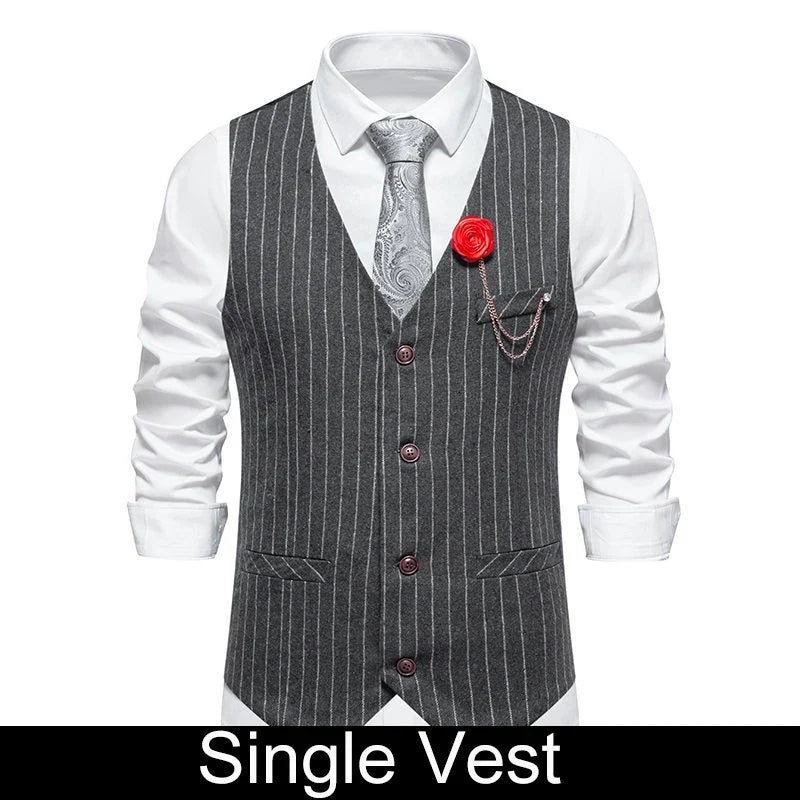 Men Suit Vest Vintage Striped Single-breasted Man Waistcoats Business Casual Slim Sleeveless Male Party Dress Vests