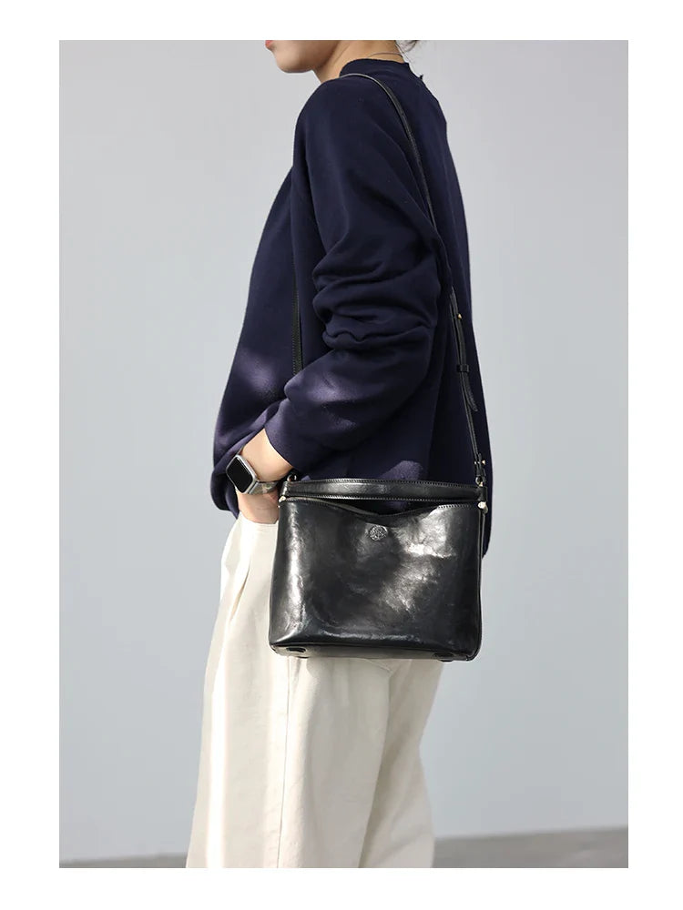 2024 New Arrival Genuine Leather Crossbody Bucket Bags Women Luxury Retro Small Handbag Soft Shoulder Bag