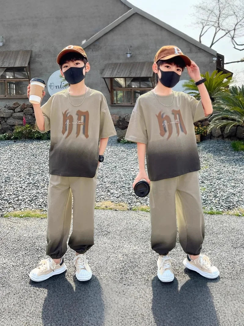 Summer Boys Leisure Gradient T-Shirt Top+Loose Sweatpant Workout Set School Kids 2PCS Tracksuit Children Vacation Outfit 5-16 Yr