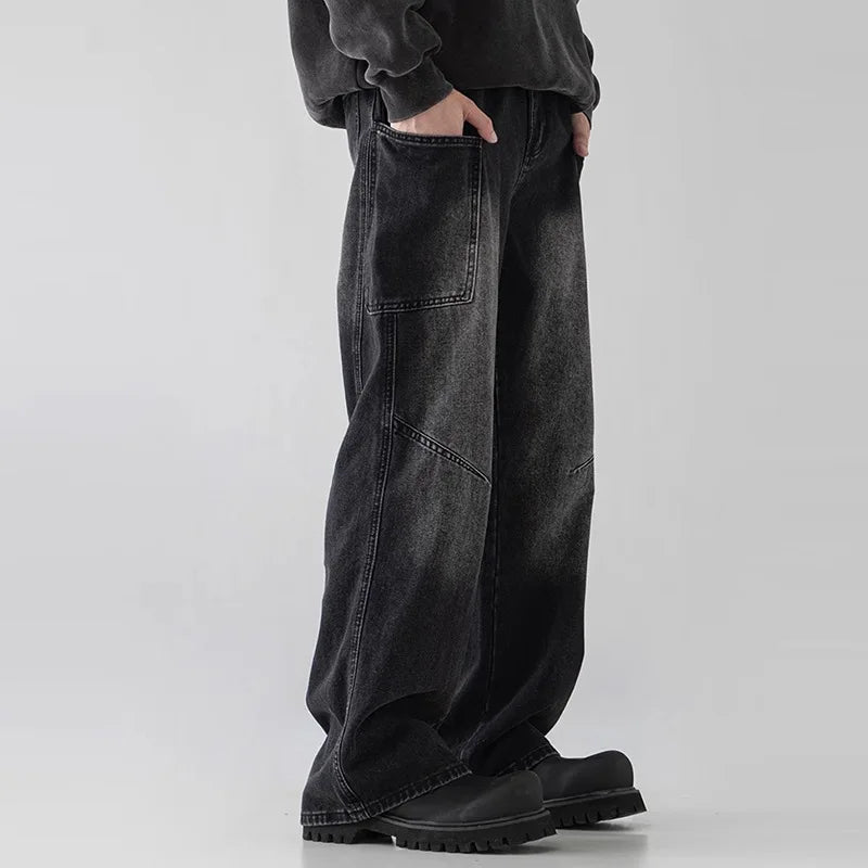 Korean Style Large Pocket Workwear Jeans Retro Blue Men'S Baggy Jeans Straight Leg Pants Casual Wide Leg Pants Casual Pants