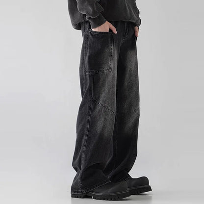 Korean Style Large Pocket Workwear Jeans Retro Blue Men'S Baggy Jeans Straight Leg Pants Casual Wide Leg Pants Casual Pants