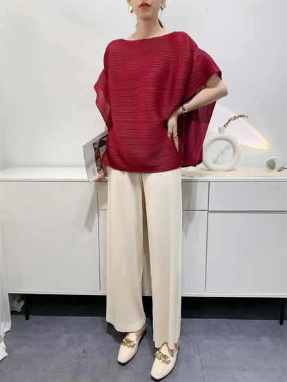 2025 Summer T-shirt Miyake Comfortable Casual Loose Pleated Top Women Short Sleeve Slim Commuter Office Clothes Wrinkle-Free