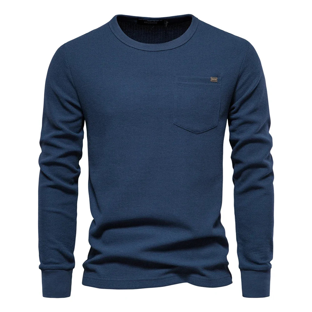 Men's Waffle Cotton Long Sleeve T-Shirt - Solid Color Single Pocket Design, Autumn Basic Breathable Top for Casual Outfits
