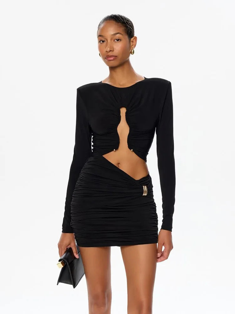 Solid Dresses For Women Fashion Sexy Club Long Sleeves Hollow Out O-Neck Hip Wrap Sheath Mini Vestidos Robes Female Streetwear