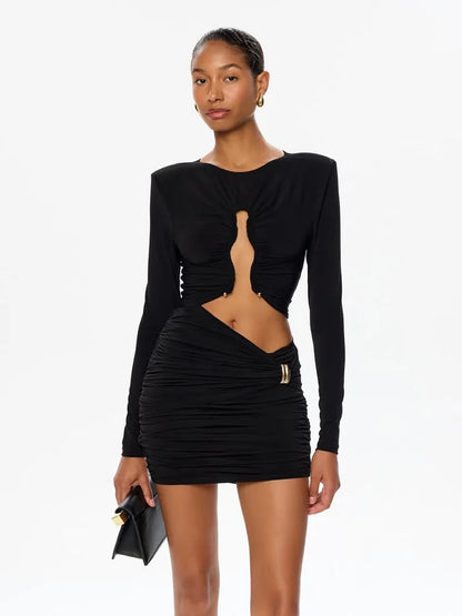 Solid Dresses For Women Fashion Sexy Club Long Sleeves Hollow Out O-Neck Hip Wrap Sheath Mini Vestidos Robes Female Streetwear