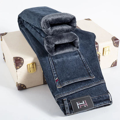 Winter Thickened Warm Male Plush Trousers Brand Clothes Men's Fleece Jeans Straight Slim Stretch Fashion Business Denim Pants