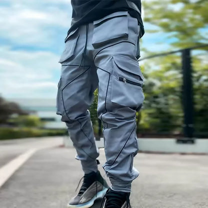 Men's Casual Pants Multi-pocket Cargo Trousers Striped Reflect Sweatpants Breathable Lightweight Jogging Trousers Gym Trackpant