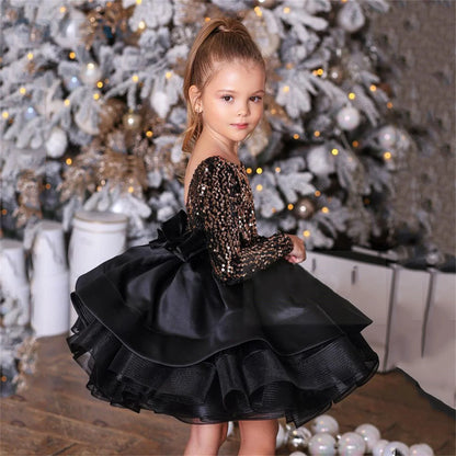Gold Sequin Black Flower Girl Dress Long Sleeves Backless Scoop Neck Ruffles Tiered Girl's Party Gown Christmas Pageant Dresses