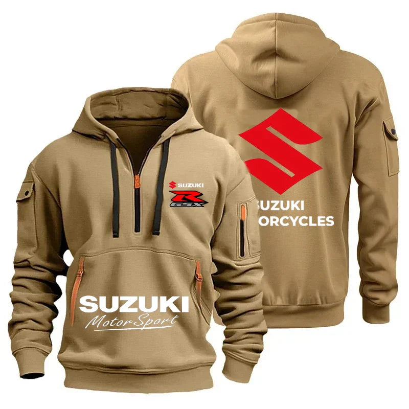 men's hooded sweatshirt for autumn and winter outdoor motorcycle sweatshirt, semi-zipper hooded sweatshirt