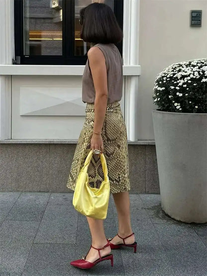 Snakeskin Printed Fashion Skirt Women's High Waist Slim Contrast Patchwork Commute Streetwear Female Vintage Y2k Skirt DDX8