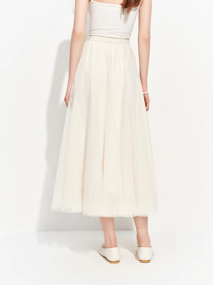 Women's Versatile Elastic Waist Mesh Midi Skirt Summer 2026 New Style Fairy Princess Banquet Wedding Bridesmaid Dress