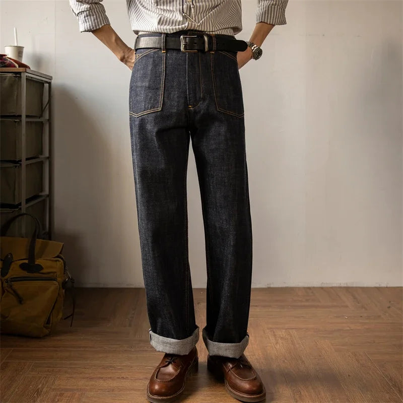 Denim Railroad Pants High Waist Rugged Style Selvage Jeans Back Buckle
