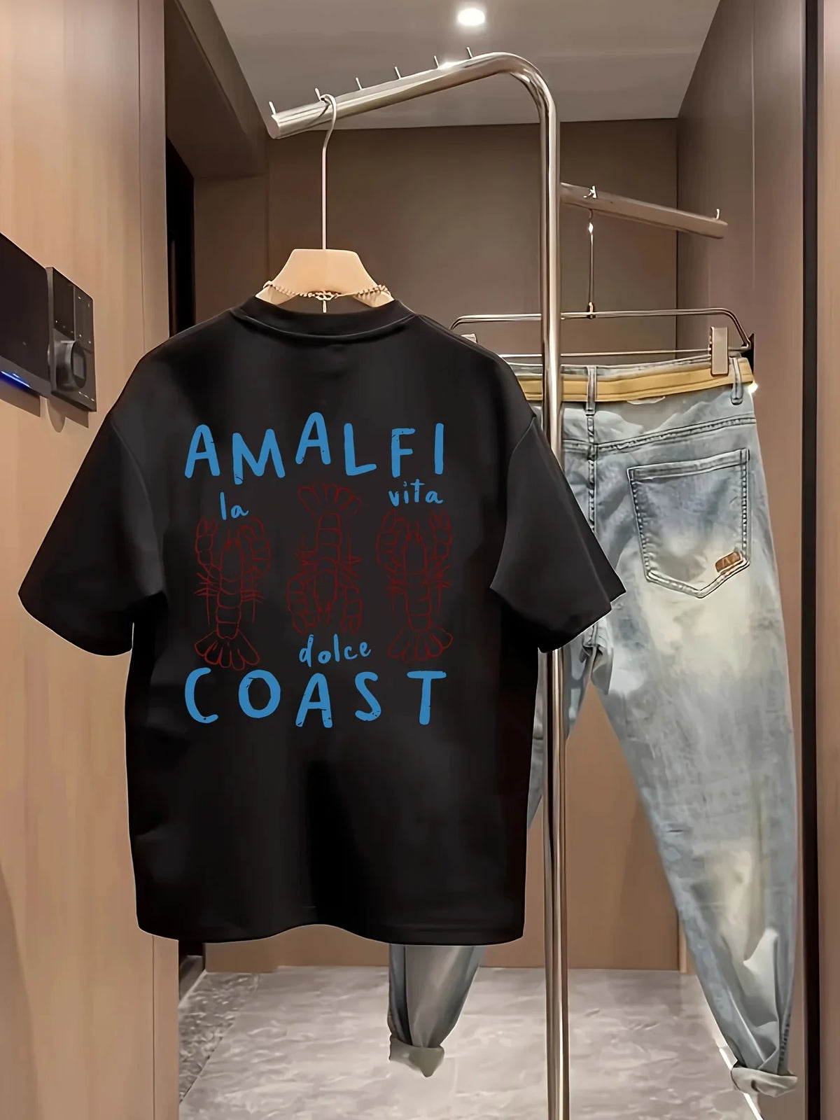 Amalfi Coast Men's T-shirt Lobster Graphic Casual Cotton Short Sleeve Tops Summer Streetwear