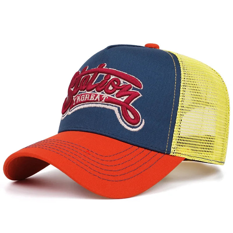 New Unisex American Locomotive Letter Embroidery Baseball Hats Sunshade Color Block Breathable Retro Trucker Caps Versatile Mesh