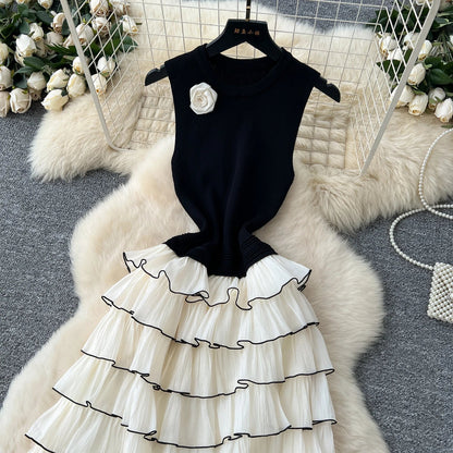 Autumn 3D Floral Spliced Long Dress 2025 Female O Neck Long Sleeves High Quality Slim Luxury Knitted Party Cake Dress