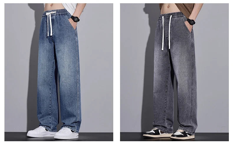 Men's Clothing Wide-leg Pants Baggy Jeans Streetwear Straight Fashion Denim Trousers Y2k Vintage Washed Elastic Waist Man Pants