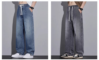 Men's Clothing Wide-leg Pants Baggy Jeans Streetwear Straight Fashion Denim Trousers Y2k Vintage Washed Elastic Waist Man Pants