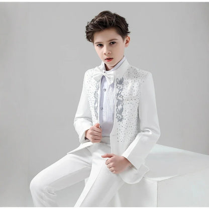 White Elegant Beaded Suit Set 2 Pieces For Kids Wedding Ring Bearer Outfit,Fashionable Stand-up Collar Boys Tuxedo For Party