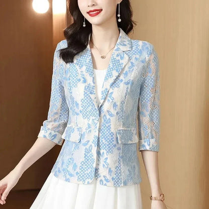 Lace Small Blazer Coat Women's 2025 Spring Summer Korean Version Fashion Ladies Elegant Casual Temperament Female Blazer Jacket